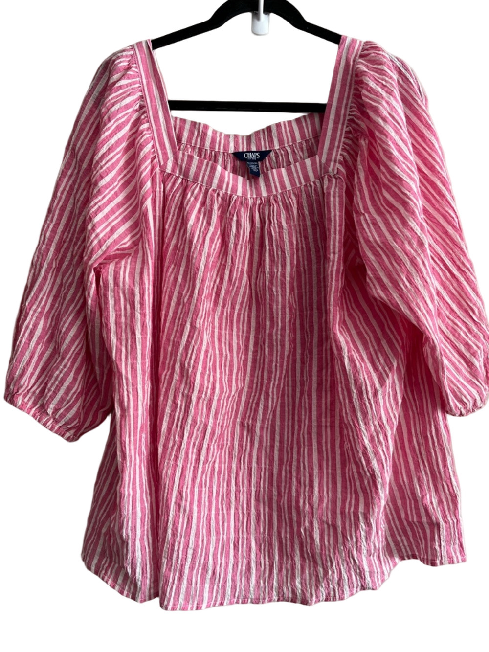CHAPS Size 2XL Pink White Striped COTTON Balloon Sleeve Blouse
